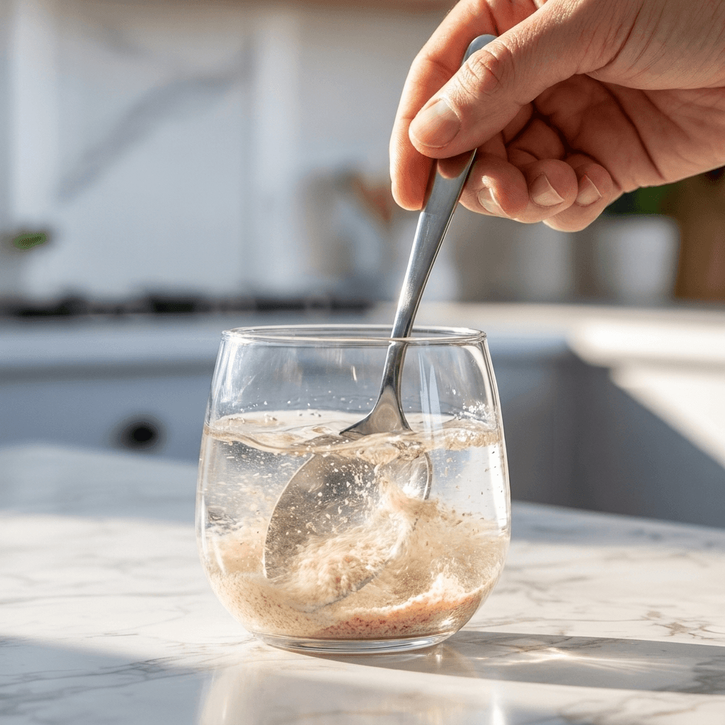 A scoop of psyllium husk being added to a glass of water