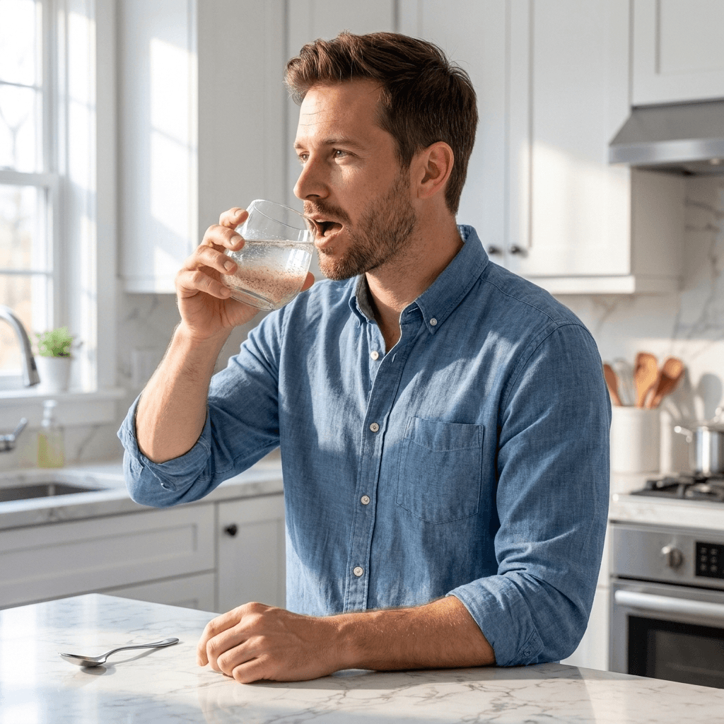 A glass of water with dump Daily Fibre stirred in